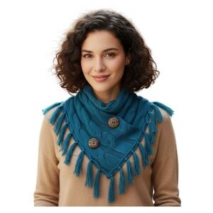 Very Moda‎ Teal Cable Knit Cowl Scarf with Buttons and Tassels NWT